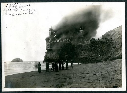 View of Cliff House on fire during renovation