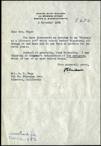 Samuel Eliot Morison letter to A.G. Page, 1953 November 2