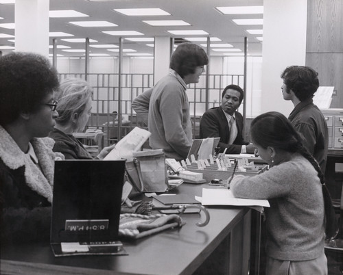 Photograph from behind a desk in the University Library