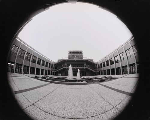 Photograph of Warren Hall and Library Complex including the courtyard fountain