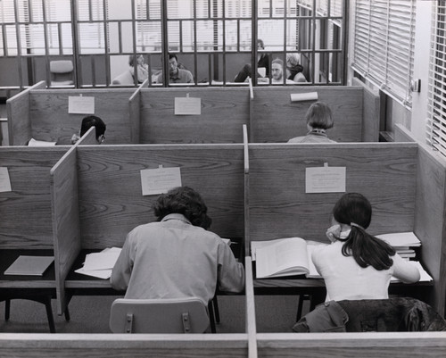 A photograph of students enjoying the privacy of the study carrels
