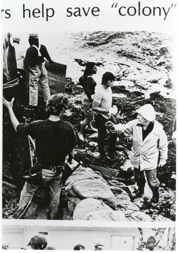Students sandbagging against a storm in Malibu, 1978