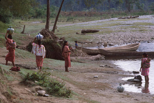 Mayan women on a river bank, Ixcán, ca. 1983