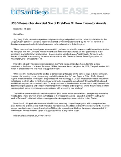 UCSD Researcher Awarded One of First-Ever NIH New Innovator Awards