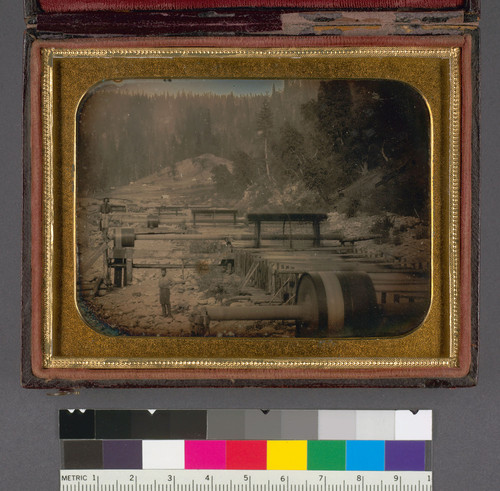 [Riverbed mining, Grizzly Flats, El Dorado Co., showing mining apparatus.]
