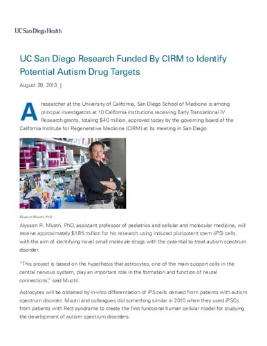 UC San Diego Research Funded By CIRM to Identify Potential Autism Drug Targets