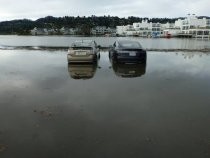 Shelter Bay Office Complex parking lot inundated by king tide, 2017