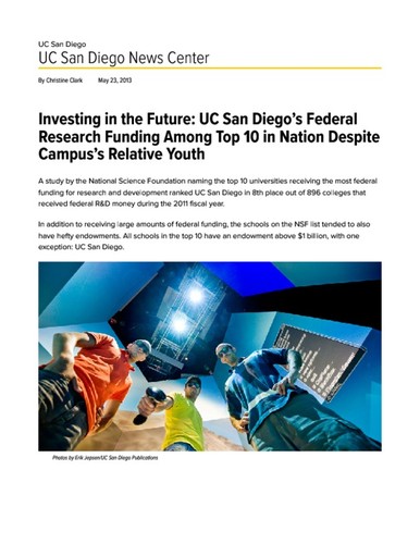UC San Diego’s Federal Research Funding Among Top 10 in Nation Despite Campus’s Relative Youth
