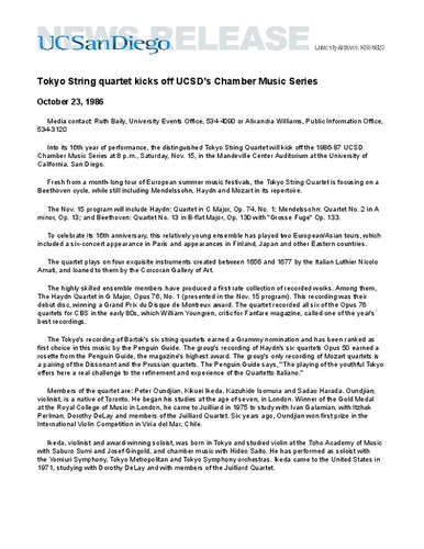 Tokyo String quartet kicks off UCSD's Chamber Music Series