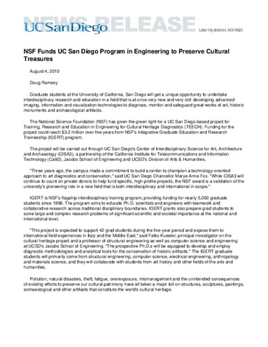NSF Funds UC San Diego Program in Engineering to Preserve Cultural Treasures