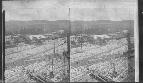 View over marble yard to offices of company and marble mills. Vermont