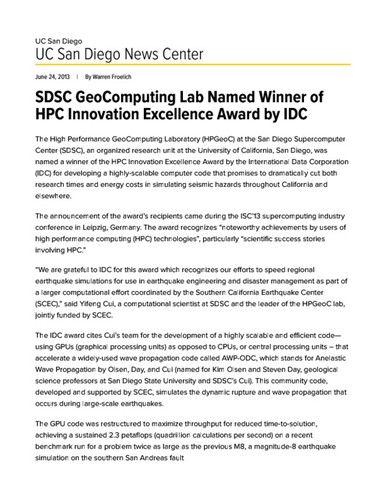 SDSC GeoComputing Lab Named Winner of HPC Innovation Excellence Award by IDC
