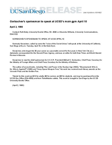 Gorbachev's spokesman to speak at UCSD's main gym April 10