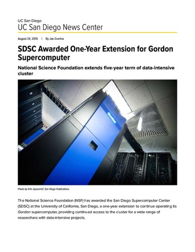 SDSC Awarded One-Year Extension for Gordon Supercomputer