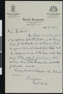 George Pierce Baker, letter, 1933-10-06, to Hamlin Garland