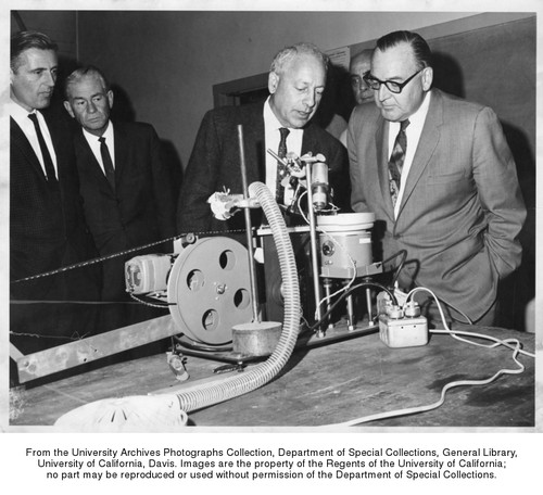 Agricultural Engineering, Governor Pat Brown (right) visits the department. Coby Lorenzen on left
