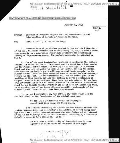 J. L. DeWitt memo regarding comments on proposed program for Army recruitment of and determination of loyalty of Japanese evacuees, with attachments