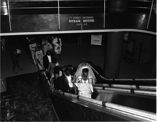 Wedding party on escalator, Los Angeles, 1964