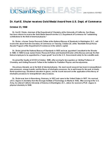 Dr. Kurt E. Shuler receives Gold Medal Award from U.S. Dept. of Commerce