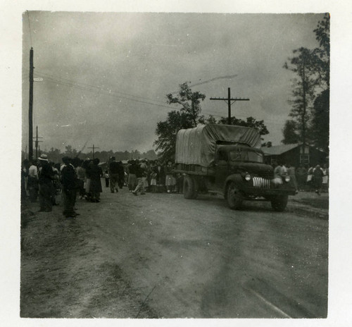 Covered truck leaving Jerome camp for Tule Lake camp
