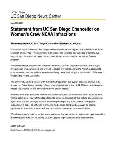 Statement from UC San Diego Chancellor on Women’s Crew NCAA Infractions