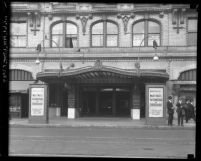 Façade of the Majestic Theatre entrance with dentists' offices above in Los Angeles, Calif., circa 1920