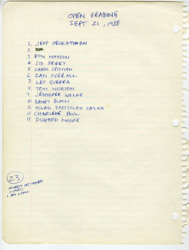Open Mike Night, Signup Sheet, 21 September 1988
