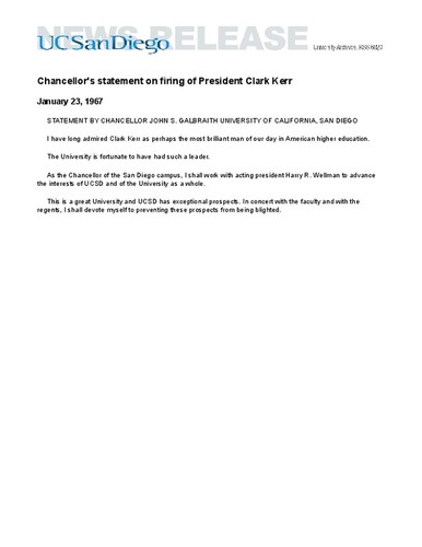 Chancellor's statement on firing of President Clark Kerr