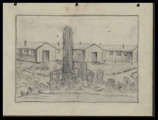 Pencil drawing of Poston barracks and cactus