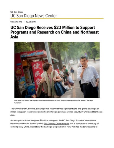 UC San Diego Receives $2.1 Million to Support Programs and Research on China and Northeast Asia
