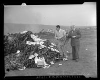Los Angeles County District Attorney, Fred N. Howser and unidentified man preparing to burn a pile of films deemed "lewd" in 1945