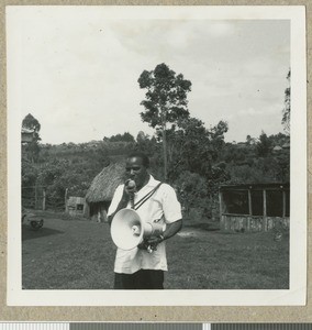 Evangelist with loudhailer, Eastern province, Kenya, ca.1953