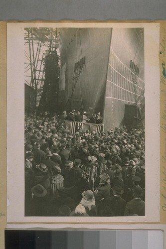 U.S.S. Calif. leaving the way's at Mare Island. Thursday Nov. 20--1919. Keel was layed [sic]. Oct. 26--1916. Mrs. Randolph Zane the daughter of Gov. Sterns was sponsor at the Christening