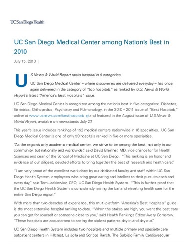 UC San Diego Medical Center among Nation’s Best in 2010