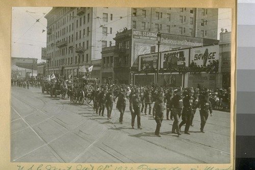 N.S.G. [Native Sons of the Golden] West Sept. 9th, 1920. Parade on Market St. near 9th. S.F. [San Francisco] Veteran Firemen