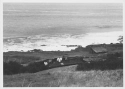 Sea Ranch Lodge general store, restaurant, land sales and golf shop, Sea Ranch, California, and the Pacific Ocean, about 1975