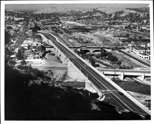 Birdseye view of completed North Figueroa Street bridge looking south from hilltop