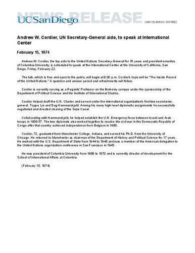 Andrew W. Cordier, UN Secretary-General aide, to speak at International Center