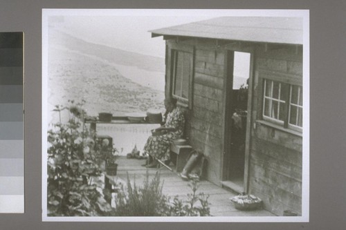 Fanny Flounder, last Yurok Doctor on porch of her house