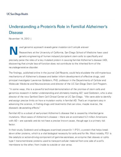 Understanding a Protein's Role in Familial Alzheimer's Disease