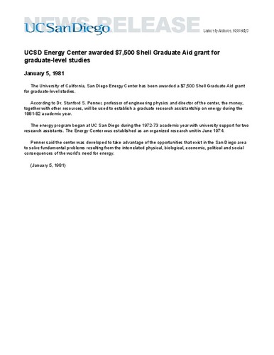 UCSD Energy Center awarded $7,500 Shell Graduate Aid grant for graduate-level studies