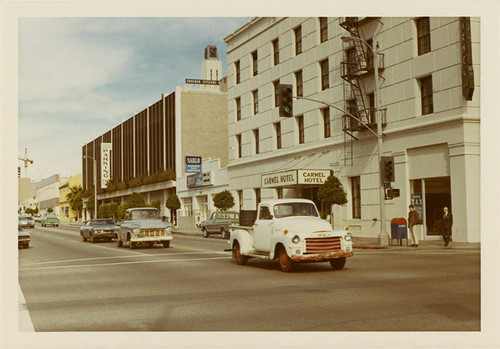 East side of Second Street (1400 block), looking north from Broadway on Febuary 14, 1970. Carmel Hotel is in view