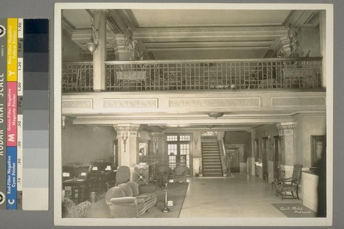 Coit Hotel. Oakland. [Interior, with iron railing along upper floor.]