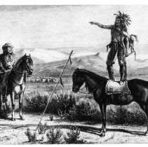 Copy print of a painting showing an Indian Chief forbidding the passage of a wagon train through his country