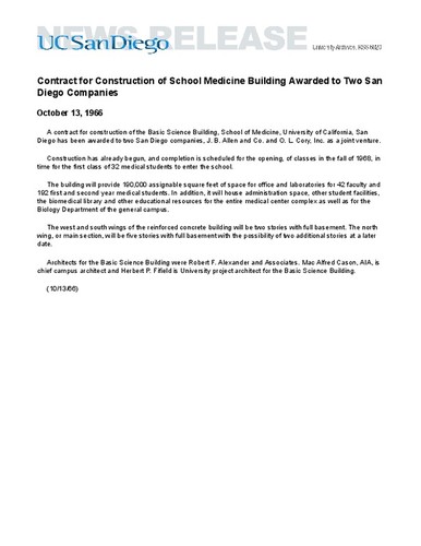 Contract for Construction of School Medicine Building Awarded to Two San Diego Companies