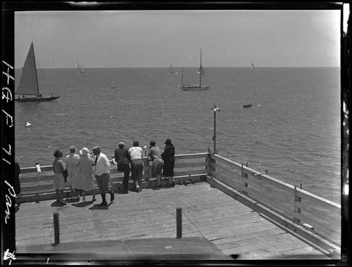 Bird's-eye view of group on pier, Malibu, 1929