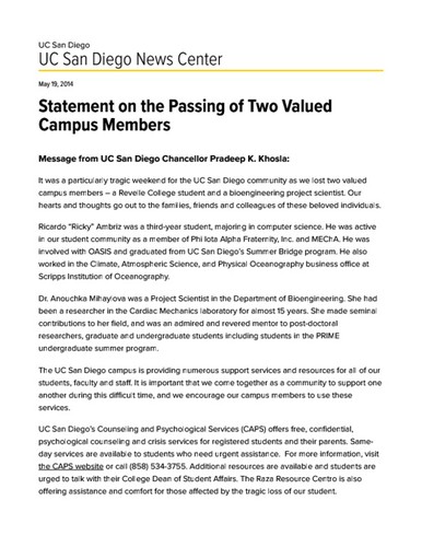Statement on the Passing of Two Valued Campus Members