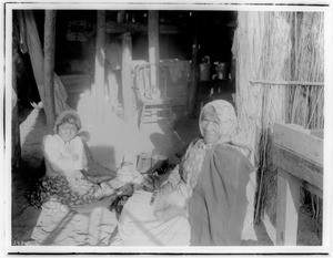 Chemehuevi Indian woman and young girl in their native dwelling, ca.1900
