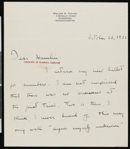 William R. Thayer, letter, 1921-10-26, to Hamlin Garland