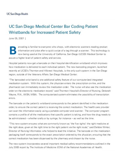 UC San Diego Medical Center Bar Coding Patient Wristbands for Increased Patient Safety